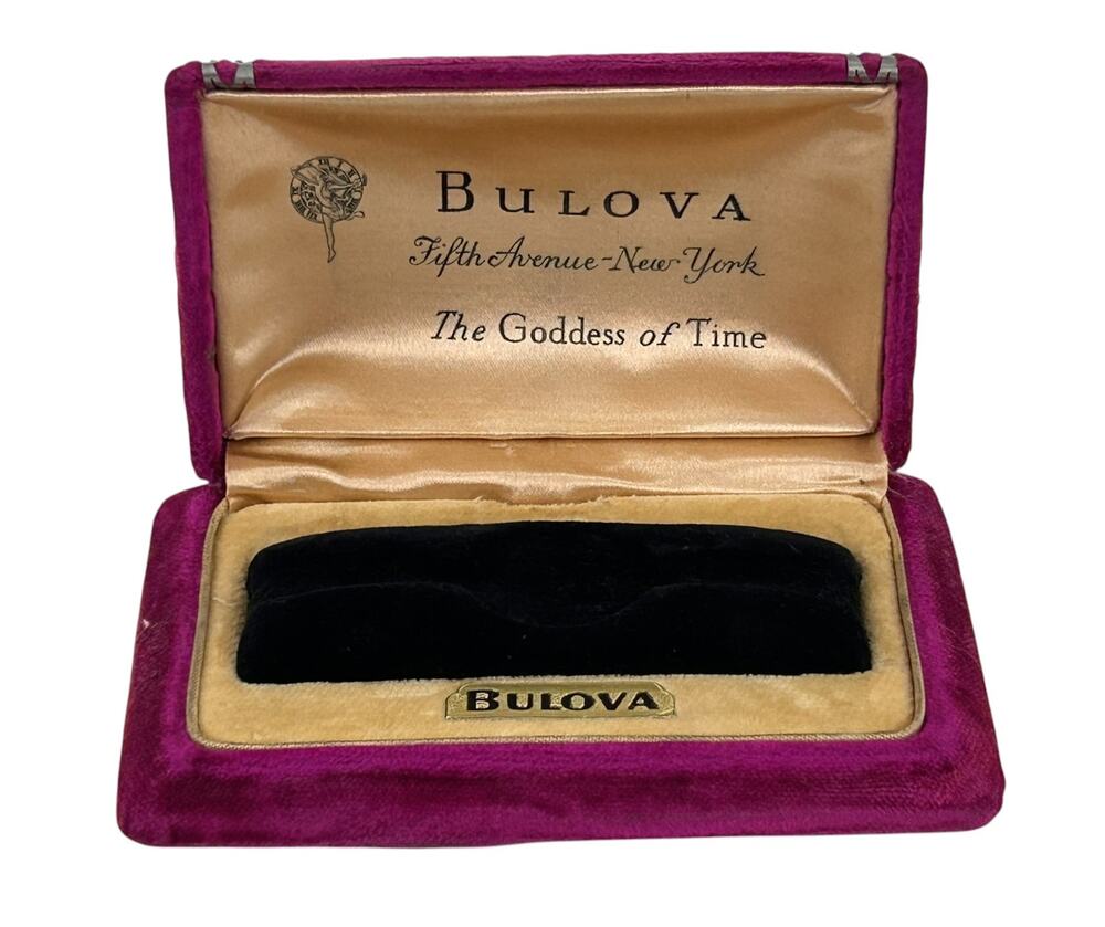 Vintage Bulova The Goddess of Time Fifth Avenue 1960s Pink Velvet Watch Case Box
